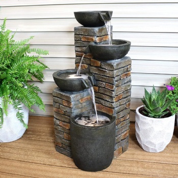 Outdoor Water Fountain -Staggered Pottery Bowls - LED Lights